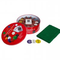Покерный набор с номиналом и сукном 240 фишек в круглой металлической коробке